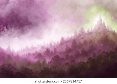 Soft purple haze, dreamy forest landscape, abstract watercolor style, serene nature scene, tranquil atmosphere.