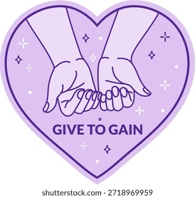 A soft purple heart with two open hands gently holding smaller hands, symbolizing support, care and mutual empowerment. Modern line-art illustration for International Women’s Day, charity campaigns, women’s communities, volunteering, mental health and social solidarity projects.