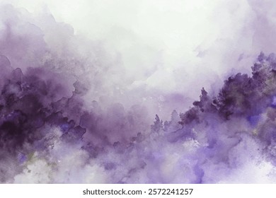 Soft purple hues, abstract watercolor background, dreamy forest silhouette, serene artistic style, perfect for calming designs.