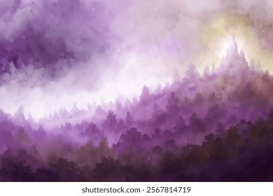 Soft purple hues, misty forest landscape, dreamy atmosphere, watercolor style, serene nature scene, artistic background.