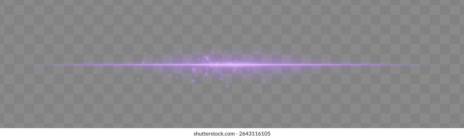 Soft purple light beam with glowing spark particles on transparent background. Delicate horizontal flare ideal for fantasy effects, magic transitions, or elegant light overlays.