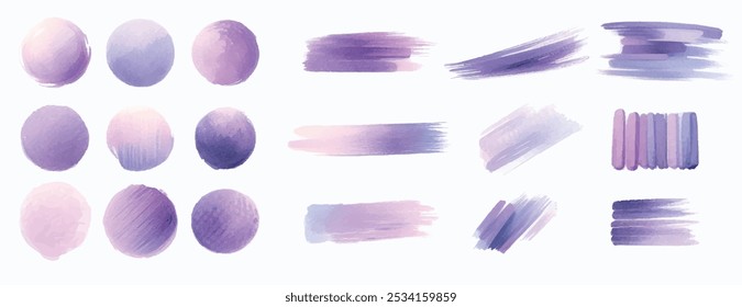 Soft purple and lilac tones watercolor splashes and brush strokes. Ink splatters in various shapes. Abstract artistic background with delicate hues and fluid textures.