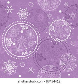 Soft purple seamless Christmas pattern with circles and snowflakes (vector)
