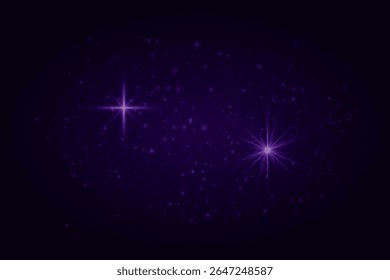 Brilhos roxos suaves e erupções brilhantes de estrelas com partículas. Efeitos de luz sobre fundo escuro transparente para cenas festivas.