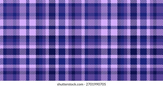 Soft purple tartan plaid pattern with subtle intersecting lines and gentle textured checks. Horizontal seamless layout. Stock vector illustration in flat style.
