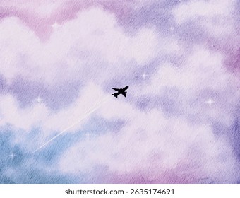 Soft purple watercolor sky with airplane silhouette and dreamy clouds