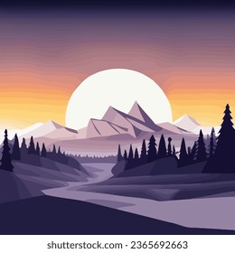 Soft Purple to Yellow Vector Sunrise, Sunset Mountain Hilly Treescape Pacific Northwest Nature Scene Landscape