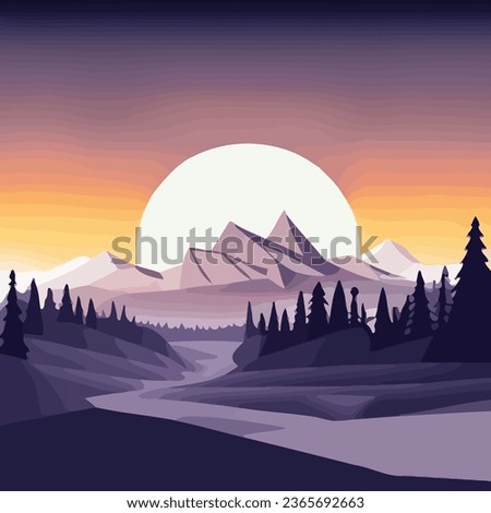 Soft Purple to Yellow Vector Sunrise, Sunset Mountain Hilly Treescape Pacific Northwest Nature Scene Landscape