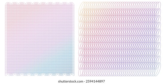 Soft rainbow color. Linear background. Design elements. Poligonal lines. Guilloche. The protective layer for banknotes, diplomas and certificates, voucher template