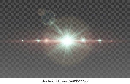 Soft rainbow light burst with glowing lens flare, transparent bokeh highlights, ethereal sparkle effect, pastel-colored radiance, horizontal gleam, dreamy glow with green and yellow reflections