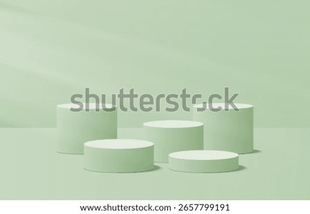 Soft realistic green 3d cylinder podium in lighting room shining on pedestal elegant. 3D vector stage for product mockup. Geometric platform. Vector rendering. Minimal scene for product promotion.
