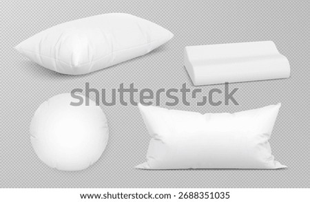 Soft realistic pillow mockup set with white fabric for bedroom or hotel interior presentations. Round, rectangular and square cushions with clean cotton covers. Templates for textile branding.