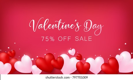 soft red banner with heart decoration on bottom along with minor of glitter ,Valentine's Day 75% OFF SALE on middle , usage in advertising decorative or cerebrate invitation