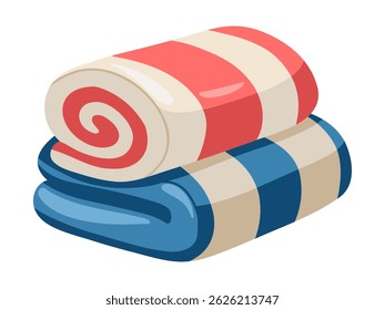 Soft red and blue striped towels rolled up. Beach, SPA and bath essentials. Cartoon vector illustration on white background. 