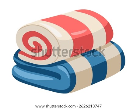 Soft red and blue striped towels rolled up. Beach, SPA and bath essentials. Cartoon vector illustration on white background. 