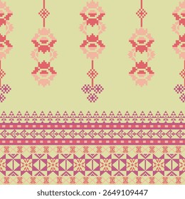 Ponto de cruz vermelho suave padrão étnico sem costura em um fundo amarelo. Padrão de pixel. Ornamento tribal. Motivo popular. Bordado ucraniano. Ideias para tapete, tapete, tapeçaria de parede e bordas elaboradas.