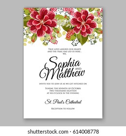 Soft red dahlia wedding invitation card printable template with mint greenery Burgundy zinnia menthol leaves