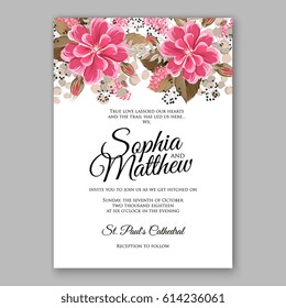 Soft Red Dahlia Wedding Invitation Card Printable Template With Mint Greenery Burgundy Zinnia Menthol Leaves