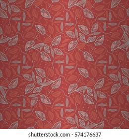Soft red ornamental seamless pattern in spring leaves style. Retro decor. Colored, symmetric design for fabric, banner, game or other purpose. Complicated puzzle repeatable backdrop.