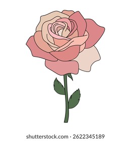 Soft red and pink rose flower with green stem, elegant flat style for botanical themed designs.