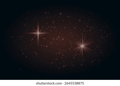 Soft red sparkles and glowing star flares with particles. Light effects on transparent dark background for festive scenes.