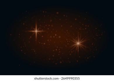 Soft red sparkles and glowing star flares with particles. Light effects on transparent dark background for festive scenes.