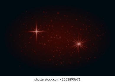 Soft red sparkles and glowing star flares with particles. Light effects on transparent dark background for festive scenes.