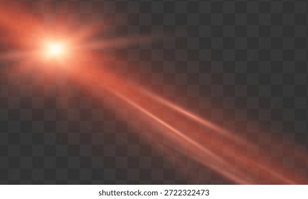 Estrella roja suave o sol con rayos suaves y un largo haz radiante, con muchos rayos Pequeños en varios tonos rojos sobre un fondo oscuro. Ilustración de luz de Vector.