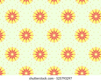 Soft red and yellow flowers pattern with dots around on light green background suitable for wrapping paper or fabric