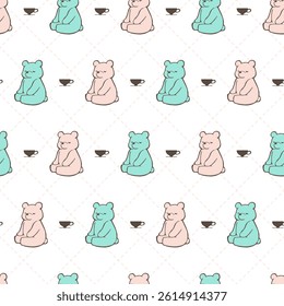 Soft Relaxing Teddy Bear and Tea Cups Pattern. A seamless pattern ideal for fabric, wallpaper, and stationery designs.