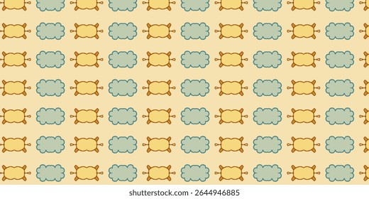 Soft repeating pattern with pillows and clouds in golden and green tones on a warm beige background. Great for kids’ products, textiles, and cozy interior designs.