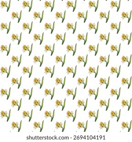 A soft, repeating pattern of yellow daffodils and green stems creates a cheerful and vibrant springtime aesthetic, perfect for decorative backgrounds.