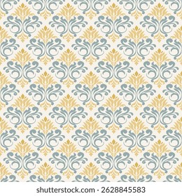 Soft Repeating Thai Floral Pattern Vector in Blue and Yellow for Fabric, Wallpaper, Packaging, Ceremony, Backgrounds, and Decorative Craft Design Projects