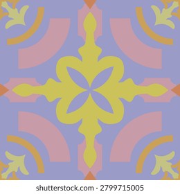 Soft retro ceramic vintage tile pattern with floral symmetry in lavender yellow blush pink tones. Luxury whimsical design for wallpaper fabric stationery nursery decor feminine lifestyle branding silk