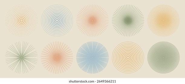 Cor retrô macia meio-tom radial pontilhado formas circulares geométricas abstratas vetor conjunto simetria fundo explosão movimento ilusão elementos de design vintage padrão paleta morna mínima