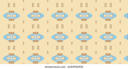 Weicher beiger Hintergrund im Retro-Stil mit rotbraunen und blauen symmetrischen Motiven. Ideal für Vintage-Tapeten, Textilien oder gemütliche Innenraumkulissen.