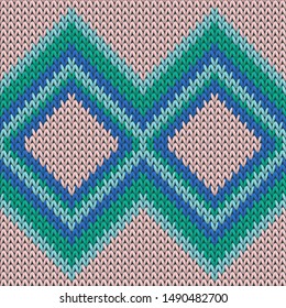 Soft rhombus argyle knit texture geometric vector seamless. Scarf knitting pattern imitation. Classic warm seamless knitted pattern. Handicraft backdrop.