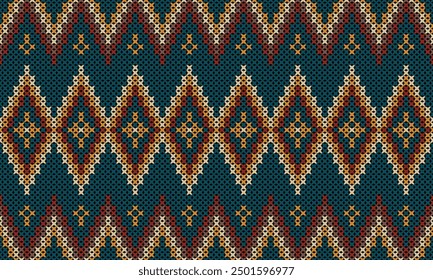 Soft rhombus argyle knitting texture geometric vector seamless. Jacquard knit effect ornament. Scandinavian style seamless knitted pattern. Handicraft backdrop.