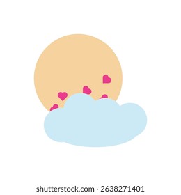 soft romantic sun behind clouds with small hearts. Great for love travel designs, vacation themes, or romantic scenery. Vector EPS format.