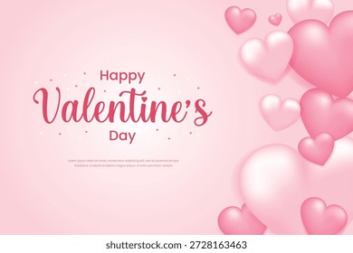 Fondo suave y romántico del día de San Valentín con corazones 3D rosados brillantes que rodean un saludo central sobre un fondo rosa pastel.