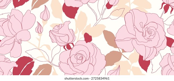 Vector de flores de rosa suave sin patrón floral con fondo crema, contornos rosados, paleta de primavera suave. Diseño fresco del fondo del verano de la primavera para el Fondo de pantalla, tela, envoltura, Web.