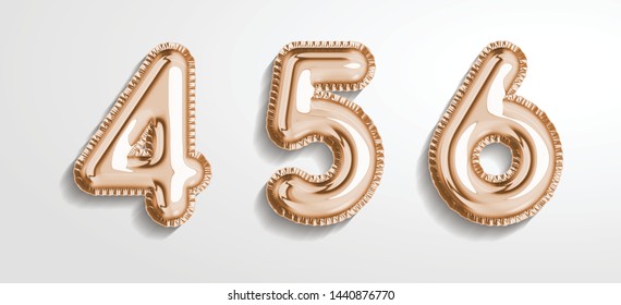 Soft rose Gold balloon number 4, 5, 6  realistic 3d render air balloon. Collection of balloons number ready to use. Holiday and party. 3d vector icon set. Foil balloon number zero isolated on white