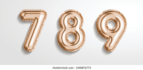 Soft rose Gold balloon number 7, 8, 9  realistic 3d render air balloon. Collection of balloons number ready to use. Holiday and party. 3d vector icon set. Foil balloon number zero isolated on white