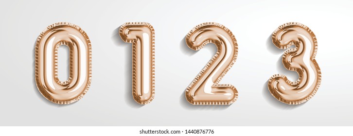 Soft rose Gold balloon number 0, 1, 2, 3  realistic 3d render air balloon. Collection of balloons number ready to use. Holiday and party. 3d vector icon set. Foil balloon number zero isolated on white