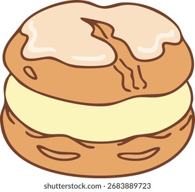 Una rosquilla redonda suave cortada y llena de crema espesa y glaseado ligero en la parte superior