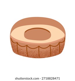 Soft round pet bed for cozy cat and dog rest. Stylish brown cushion for animal comfort. Perfect for pet store branding, vet clinic ads, and home decor. Vector illustration