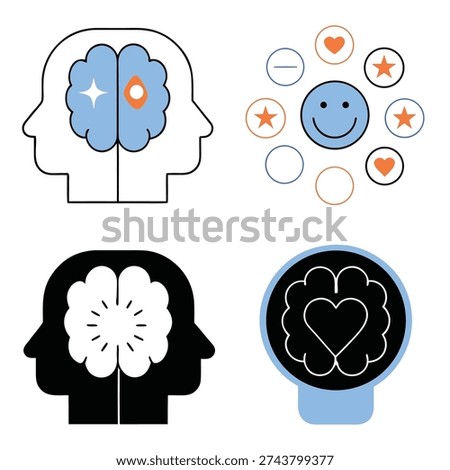 Soft rounded mental wellness icon pack including brain, heart, light bulb, smile and support symbols. Clean modern vector illustrations for healthcare branding, mobile apps and therapy content.