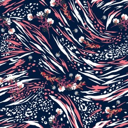 Soft safari pattern mood mixed animal skin with blooming florals seamless pattern in vector , Design for fashion ,fabric, web, wallpaper , wrapping , and all graphic type on navy blue background color