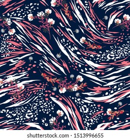 Soft safari pattern mood mixed animal skin with blooming florals seamless pattern in vector , Design for fashion ,fabric, web, wallpaper , wrapping , and all graphic type on navy blue background color