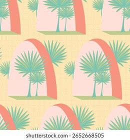 Soft Sage Green Fan Palm Fronds in a Palm Springs Style in Tangerine Archways on a Butter Yellow Background creating a seamless pattern print